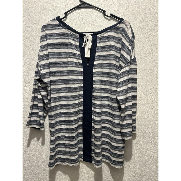 T by Talbots Tee Top Women Large Bow Back Strech 3/4 Sleeve Blue White Striped - Picture 2 of 7